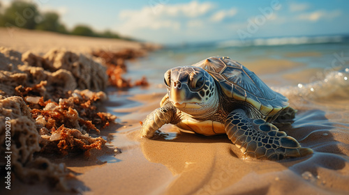 Turtles on the sandy beach. Generative Ai