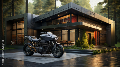 Modern garage with motorcycle. Generative Ai