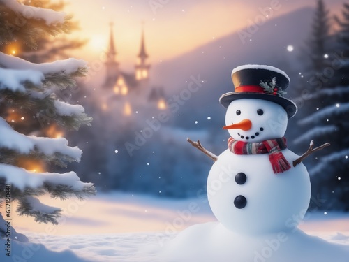 Merry christmas and happy new year greeting card with copy-space.Happy snowman standing in christmas landscape.Snow background.Winter fairytale. © Universeal