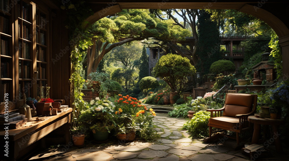 Fototapeta premium Backyard Garden. View From Home's Interior. Generative Ai