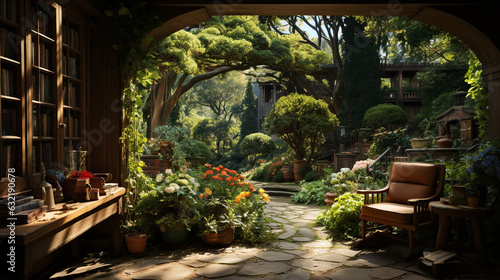 Backyard Garden. View From Home s Interior. Generative Ai