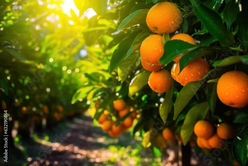 Fototapeta Juicy Oranges Growing on Trees - Sunny Day at the Orange Farm