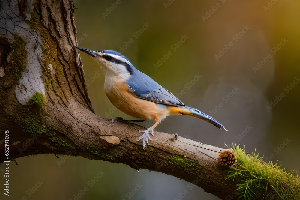 Portrait of a eurasian nuthatch. (Sitta europaea). Nuthatch in the nature habitat. Wildlife scene from autumn forest.