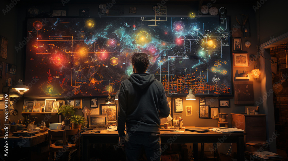 Physicist looking at a blackboard with formulas. Generative Ai Physicist looking at a blackboard with formulas. Generative Ai