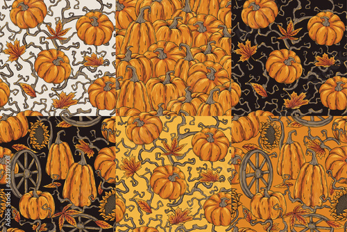 Halloween set of seamless patterns with pumpkins and branches for halloween design. Wallpapers or backgrounds with autumn plants and blackthorn for october party banner, poster or postcard