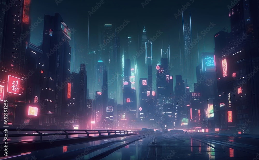 cityscape of asian cyberpunk city at night, Generative AI