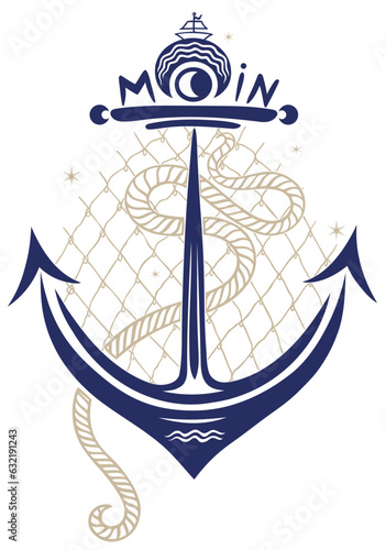 Maritimer Anker mit Moin Schriftzug, Fischernetz Tau und Boot. Vektor im Sommer Tattoo Style für Kapitän, Segler, Angler, Seemann, Fischer, Seefahrer, Matrose und Pirat. Nordlicht Fans.