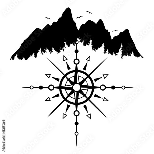 Berge mit Kompass, Vögel und Baum Silhouetten und Windrose. Vektor für Wanderer, Radfahrer, Bergsteiger, Apre Ski und Skiurlaub.