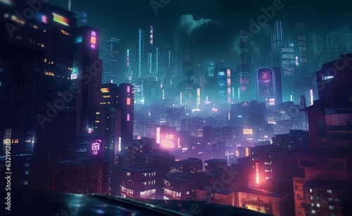 cityscape of asian cyberpunk city at night, Generative AI