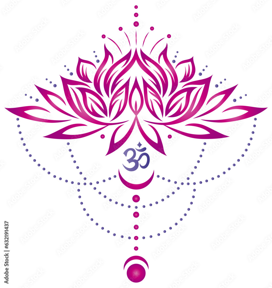 Lotusblume mit Om Symbol, Mond und Mondphasen in pink.  Vektor für Buddhisten, Yoga Fans, Yogis und Yogalehrer. Für Sport, Wellness, Meditation, Entspannung und Massage. - obrazy, fototapety, plakaty 