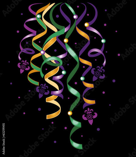 Luftschlangen mit Konfetti und Fleur-de-lis für Mardi Gras Party Karneval Fasching Silvester und Geburtstag. Vektor Dekoration.