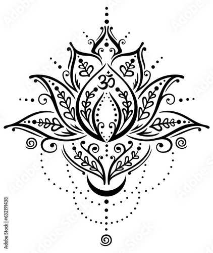 Lotus Lotusblume Lotusbl√ºte mit OM Symbol und Mond f√ºr Yoga und Meditation. Mehndi Vektor Design f√ºr Spiritualit√§t und Buddhismus. photo