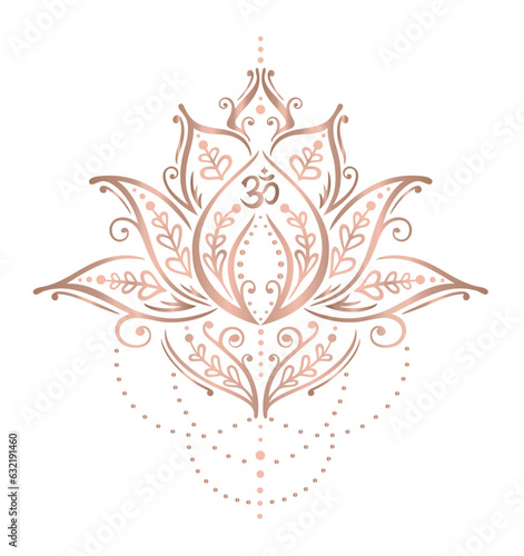 Lotusblume Mehndi Ornament in rose gold.  Vektor mit Om Symbol für Buddhisten, Yoga Fans, Yogis und Yogalehrer. Für Sport, Wellness, Meditation, Entspannung und Massage. photo