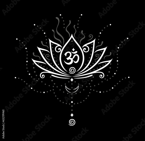 Lotus Lotusblume Lotusblüte mit OM Symbol und Mond für Yoga und Meditation. Vektor Design für Spiritualität und Buddhismus.