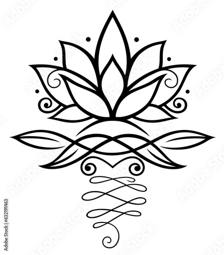 Lotus Lotusblume Harmonische Lotusblüte mit Blättern und Mond für Yoga und Meditation. Vektor Design für Spiritualität und Buddhismus.