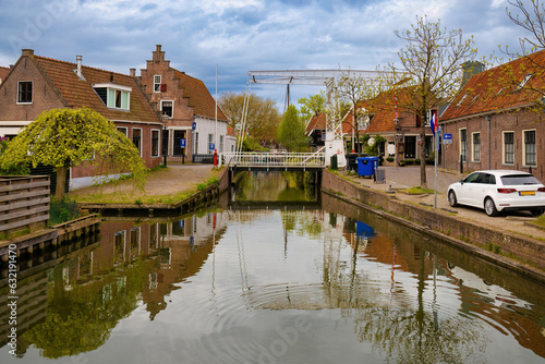 View of the Ketting Brug drawbridge crossing the canal in the city Edam, Netherlands