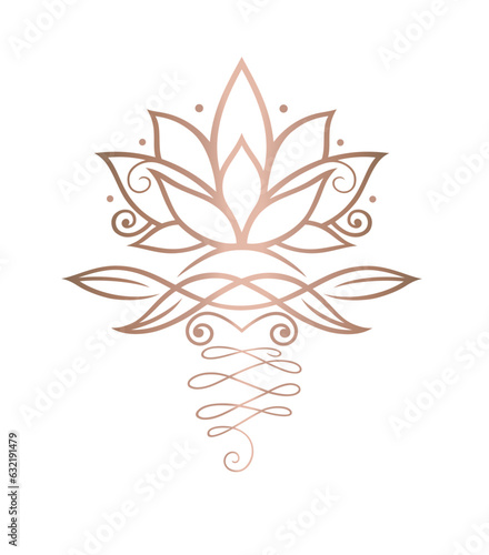 Lotusblume mit Blättern in rose gold.  Vektor für Buddhisten, Yoga Fans, Yogis und Yogalehrer. Für Sport, Wellness, Meditation, Entspannung und Massage.
