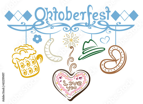 Oktoberfest Girlande Dekoration mit Bier Weißwurst Brezel und Edelweiß. Vektor für Oktober.