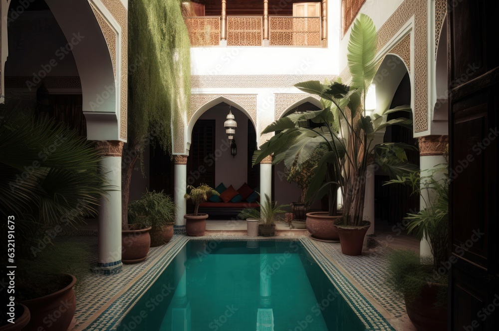 beautiful patio with swimming pool in riad, Generative AI