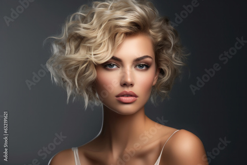 Blonde model with short curly hair, smiling. Fashion, beauty, and makeup