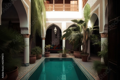 beautiful patio with swimming pool in riad, Generative AI