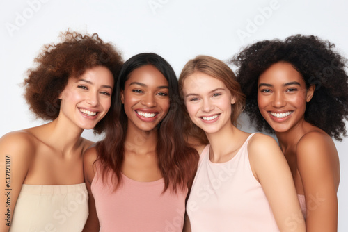 Cheerful multiracial young women friends posing, isolated on white background