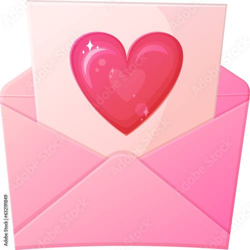 Love letter. Open envelope with lettern with heart. Vanentine day, romantic confession concept.