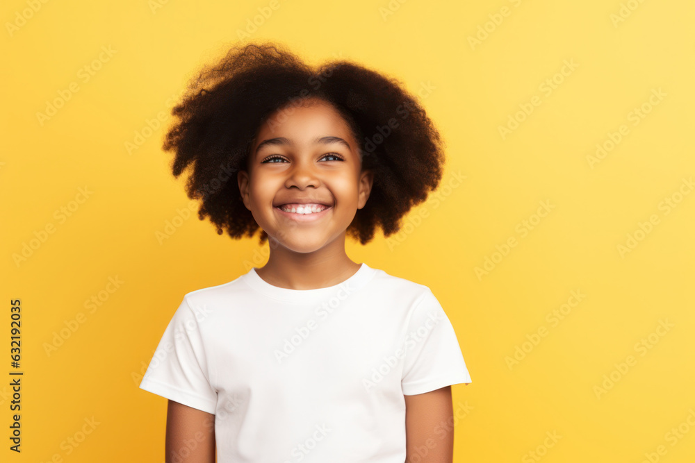 Smiling African American girl, 12-13, white t-shirt. Studio portrait on pastel yellow. Childhood concept Smiling African American girl, 12-13, white t-shirt. Studio portrait on pastel yellow. Childhood concept