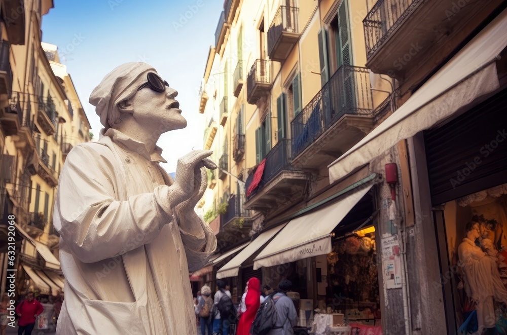 Statue of Pulcinella on street of Naples city, Italy, Generative AI