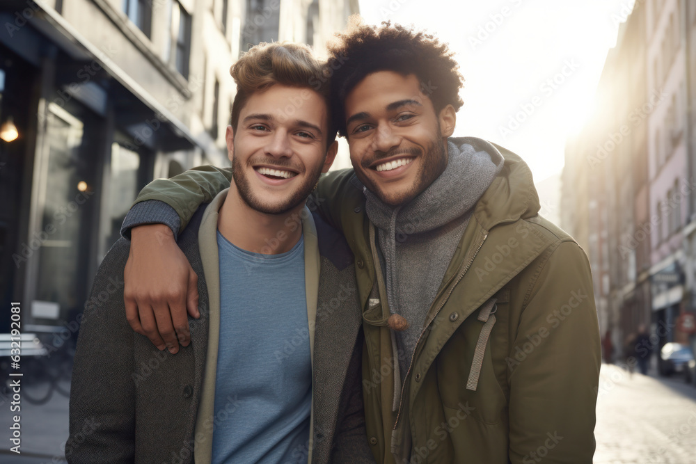 Young gay couple smiling, hugging in the city