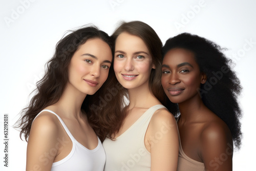 Three multiracial women, smiling together on white background