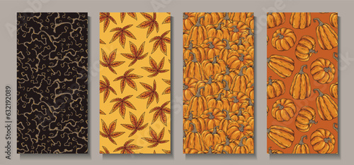 Halloween set of seamless patterns with pumpkins and autumn leaves for halloween design. Wallpapers or backgrounds with branches and blackthorn for october party banner, poster or postcard