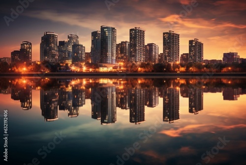 view of city from across river with reflection  long exposure. generative ai