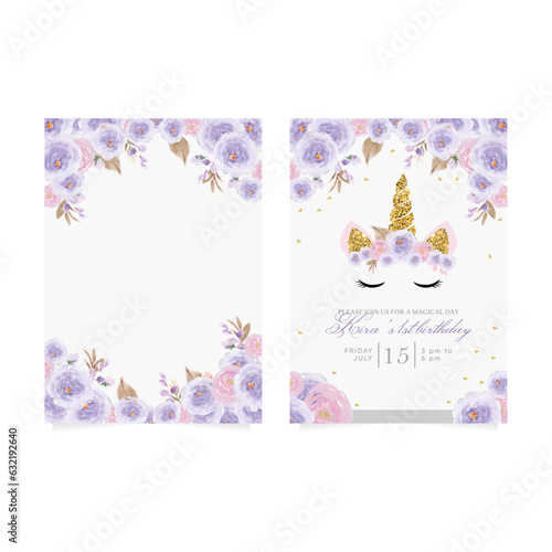 1st birthday party invitation with beautiful unicorn surrounded by glitters and violet roses