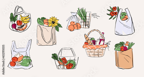 Grocery shopping bags with produce. Fruits and veggies in various reusable shopping bags.