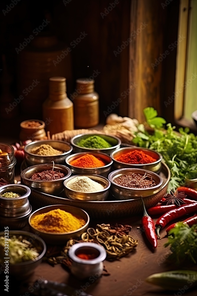 Indian spices in masala dabba, on a rustic village wooden table illustration made with Generative AI Indian spices in masala dabba, on a rustic village wooden table illustration made with Generative AI