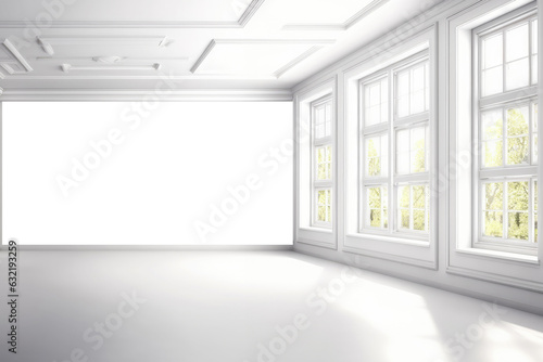 Blank white picture frame on the white wall in living room, template, mock up, background