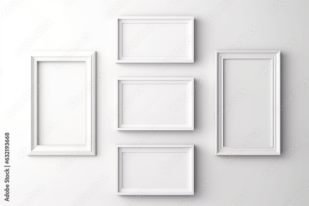 Five Blank white picture frames on the white wall indoor, template, mock up, background Five Blank white picture frames on the white wall indoor, template, mock up, background