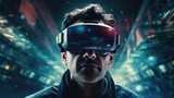Portrait of a man wearing VR googles. Futuristic portrait. Virtual Reality Experience.
