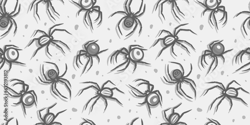 Halloween seamless pattern with spiders for monochrome halloween design. Wallpaper or background with tarantula or insects for october party banner, poster or postcard