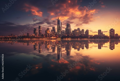 view of city from across river with reflection, long exposure. generative ai