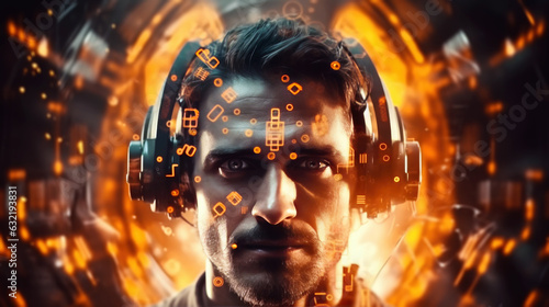 Portrait of a man wearing VR googles. Futuristic portrait. Virtual Reality Experience. photo