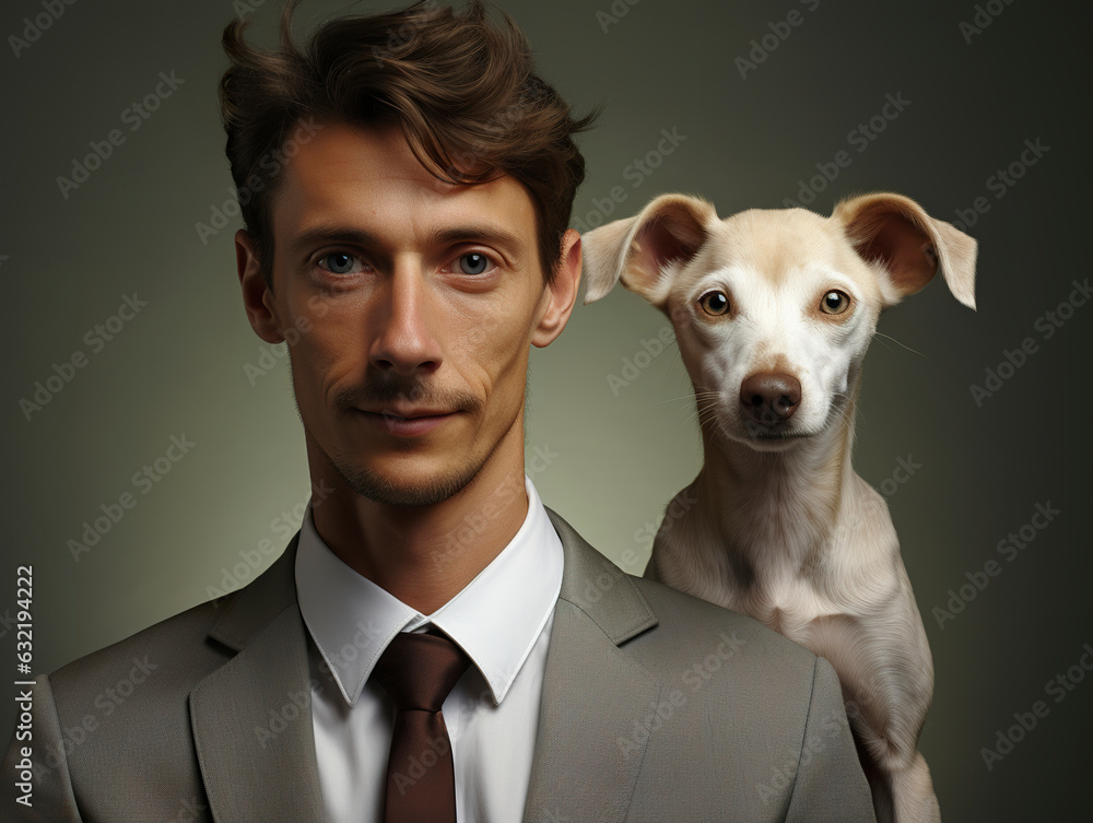 Man looking like his greyhound dog next to him. Same facial expression as his pet. Man with his