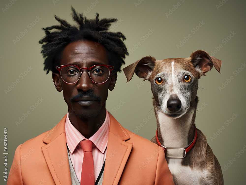 Man looking like his greyhound dog next to him. Same facial expression as his pet. Man with his