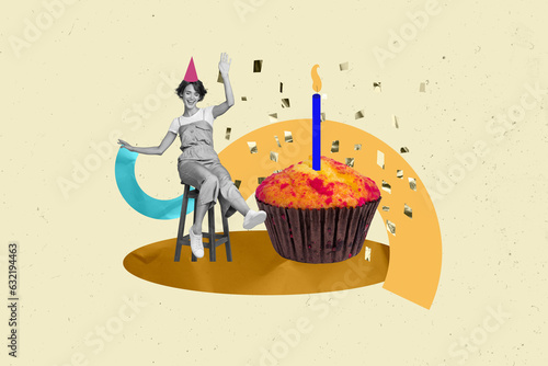 3d retro abstract creative artwork template collage of excited young funky female celebrate birthday cake candle sweet tasty yummy