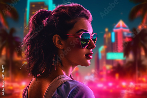 vibrant glow of evening neon lights, a stylish woman takes on the role of an action movie hero