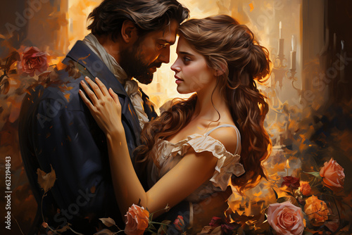 In a blossoming garden, the enchanting scene unfolds as Beauty and the Beast share a closeup and passionate kiss, capturing the magic of their transformative love
