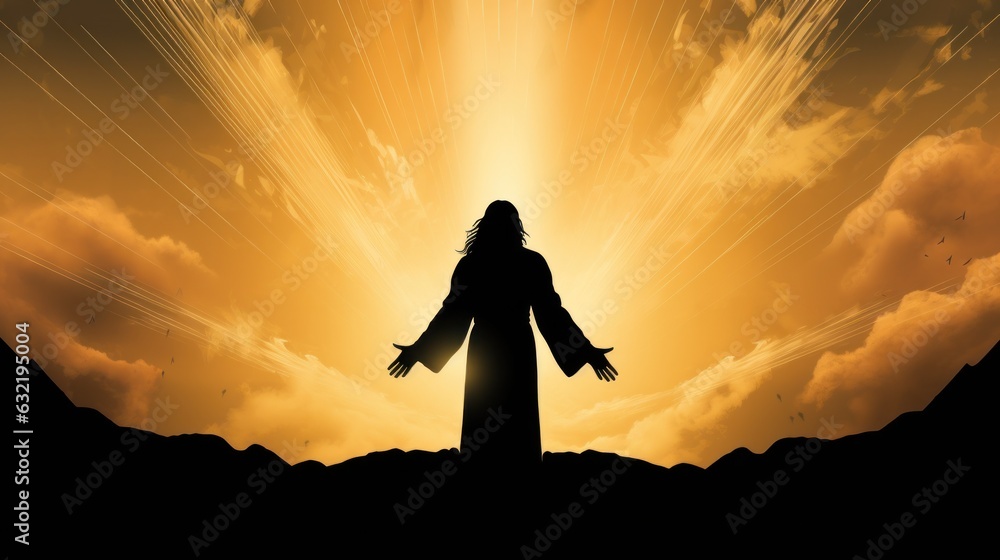 silhouette of a Jesus, background of crepusular rays silhouette of a Jesus, background of crepusular rays