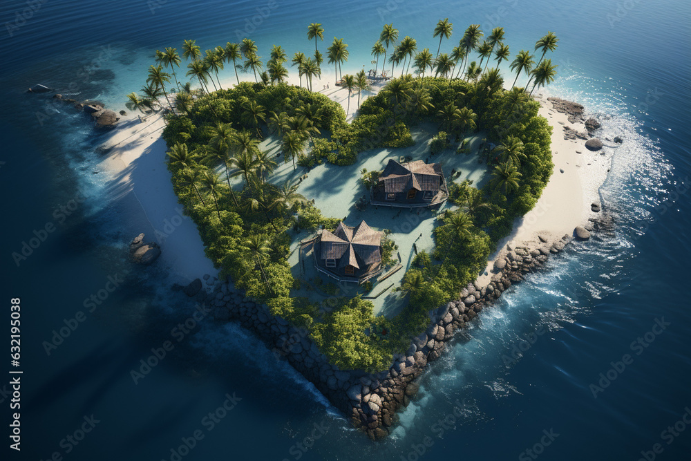 Heart-shaped tropical island with palm trees and white sand, seen from above, creates a paradise-like view. - obrazy, fototapety, plakaty 