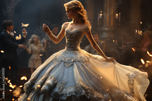 Cinderella exhibits grace and elegance as she dances, her dress swirling around her in a mesmerising display of enchantment in a splendid scene at the royal ball photo